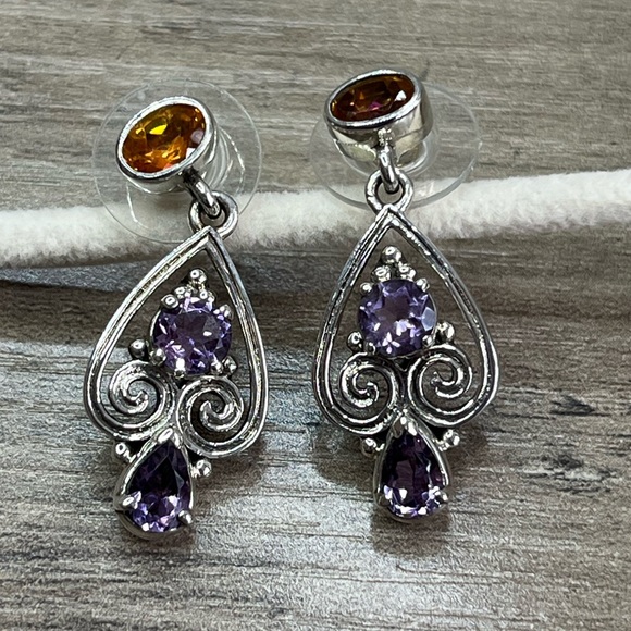 Nicky Butler Sterling Silver Amethyst Topaz Multi Gem Scroll Heart Drop Earrings - Picture 2 of 10